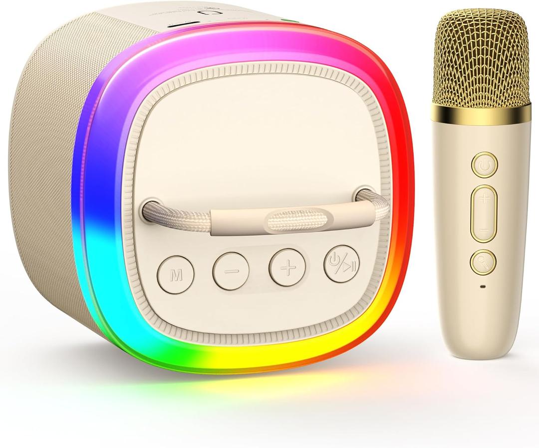 Kids Karaoke Machine, Mini Bluetooth Speaker with Microphone for Singing Home Party, Christmas Halloween Kids Birthday Easter Gifts Toys for Girls Boys 3-12+ Years Old (Beige 1 Mic)