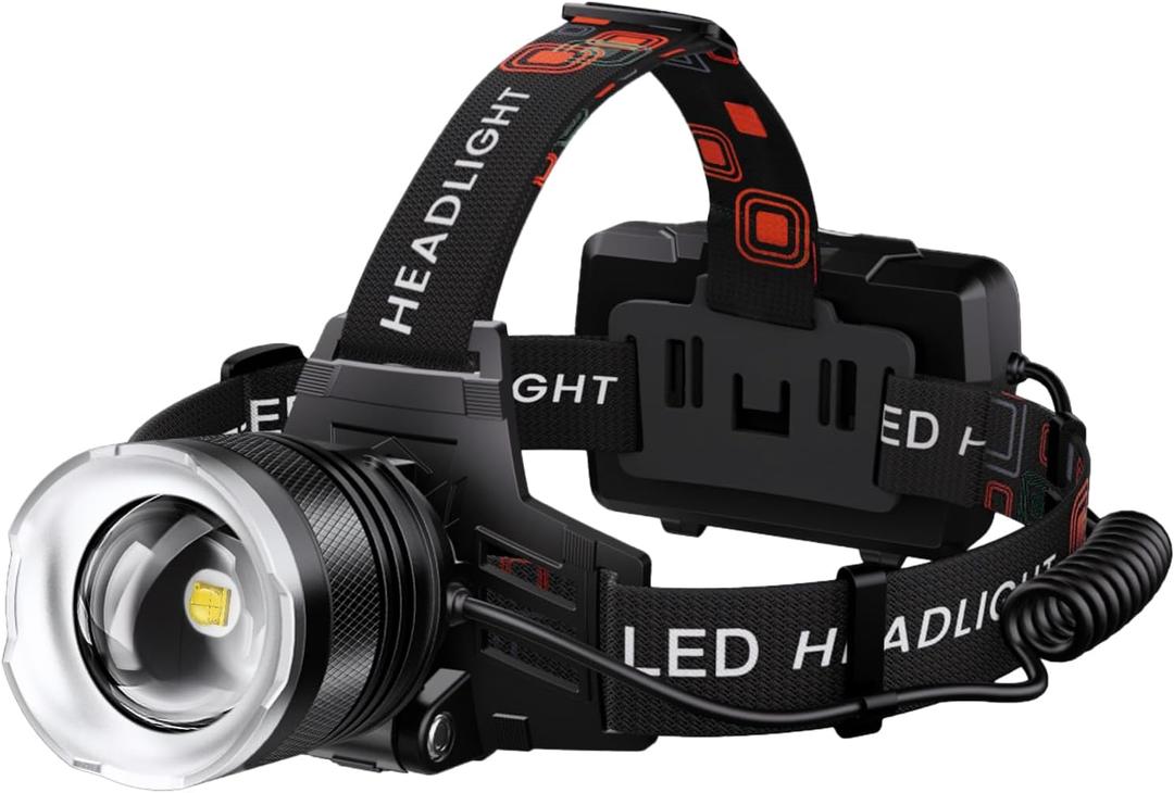 LED Headlamp Rechargeable 99000 High Lux, 9000mAh Long Battery Head Lamp with 12 Modes, IPX7 Waterproof USB Rechargeable Headlight, Zoomable Headlamp for Adults, 90 Adjustable for Camping Hunting
