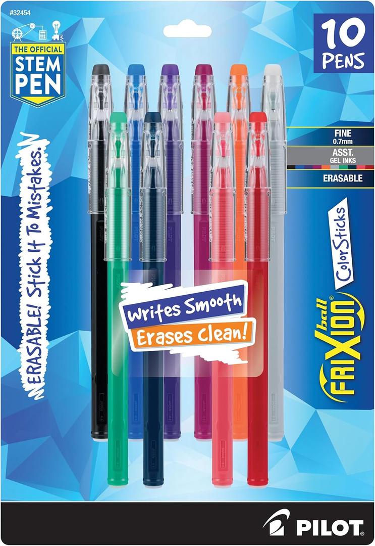 Pilot FriXion ColorSticks Erasable Gel Ink Pens, Fine Point 0.7 mm, Assorted Colors, Pack of 10, Erasable Pens - Ideal for School, Journaling, & Office Writing