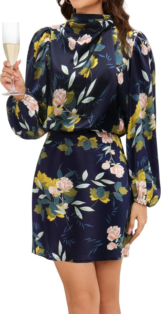 ZTMZA Cocktail Dresses for Women Long Sleeve Satin Short Formal Dress Elegant Mock Neck Silk Wedding Party Mini Dresses Floral Navy Blue, XX-Large