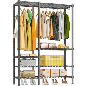 Heavy Duty Garment Rack, Metal Freestanding Closet Wardrobe Clothes Racks for Hanging Clothes, 4 Tiers Adjustable Wire Shelving, 44.9'' L x 16.5'' W x 76.8 '' H, Max Load 980LBS, Black (A3: 5 Tiers with 1 Rods,44.9"L x 16.5"W x 76.8"H)