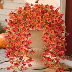 Set of 2 Pack, Fake Fall Hanging Flowers Artificial for Outdoor Decoration, 2 PCS Autumn Silk Faux Flowers Morning Glory with Eucalyptus Leaves, Realistic Hanging Plants for Wedding Home Office Garden Decor, Mix