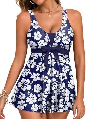 Aleumdr Women Printed Two Piece Tankini Swimsuits Tummy Control Swim Dress High Waisted Boyshort with Pockets, M