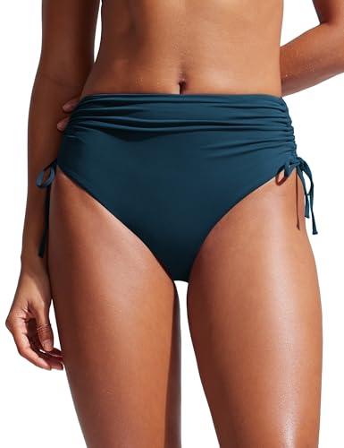 CRZ YOGA High Waisted Ruched Bikini Bottoms for Women - Adjustable Side Tie Bathing Swim Full Coverage Swimsuit Briefs Insignia Blue, Large (12) 