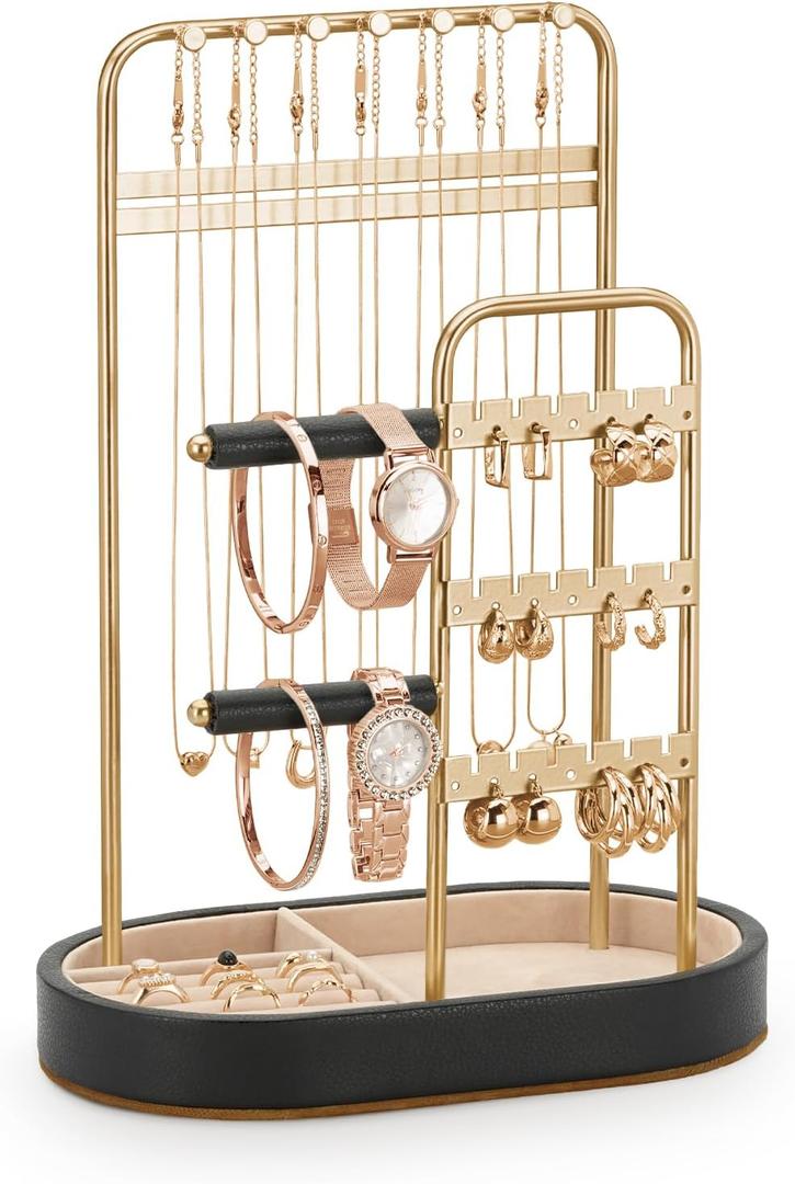 Jewelry Organizer, Jewelry Holder Gold with Metal Frame and Velvet Ring Tray Protect headdress from scratches, Women Jewelry Stand Organizer (T31)