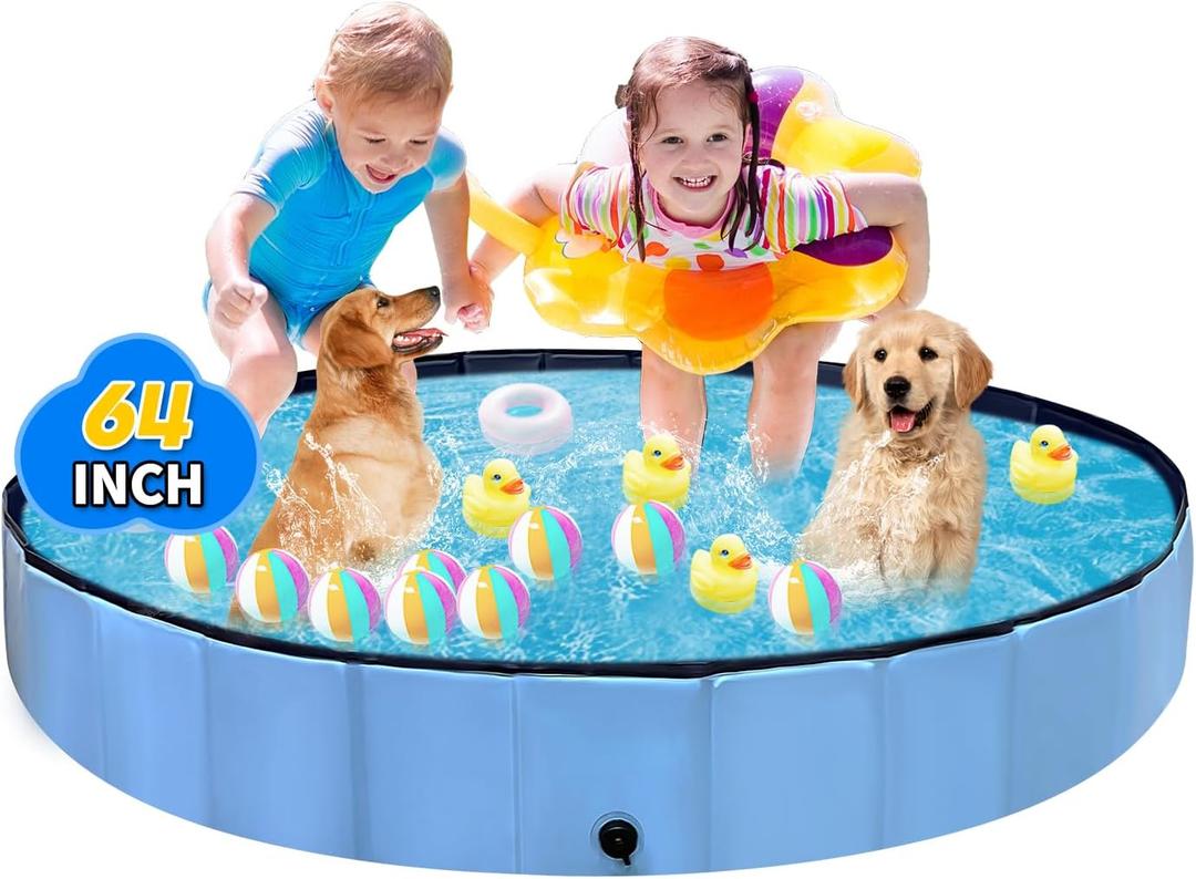 Dog Pool for Large Dogs Foldable Kiddie Pool Hard Plastic for Toddlers 1-3, Pets Bath Tub Portable Kids Pool for Backyard Outdoor Play Pool for Doggie Kitty 64x12 inches