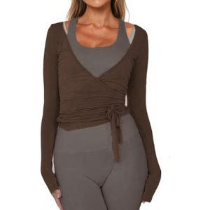 Women Ballet Wrap Top Long Sleeve Self Tie Dance Shirt Pilates Yoga Tops Y2k Workout Active Blouses (Small, Brown)