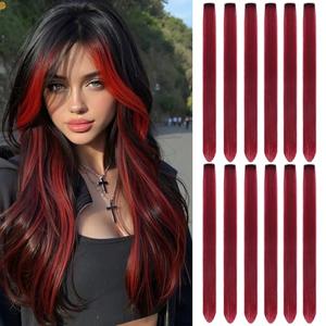 Leeven Burgundy Colored Hair Extensions Clip in 22 Inch 12PCS Wine Red Straight Clip on Synthetic Hairpieces Colorful Party Highlights Hair Accessories Cosplay Christmas for Women Girl Kids