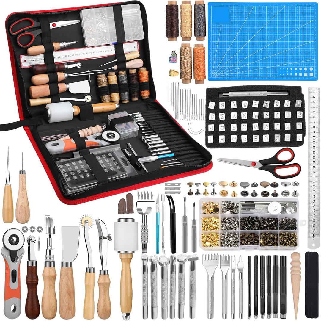 SOCNITC Leather Craft Tools, Leather Working Kit with Snaps and Rivets Kit Stamping Tools Stitching Groover Waxed Thread Punch Hole for Leathercraft Adults, Beginners