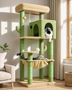 Globlazer Cactus Cat Tree Tower with Scratching Post for Indoor Cats, 53inch Tall Plush Multi-Level Cat Climbing Tower Condo with Large Hammock, Spacious Cat Cave, Padded Top Perch Bed, F53, Green, L