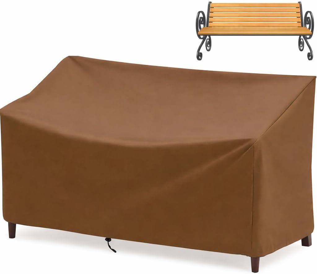 Outdoor Bench Cover, 2 Seater Patio Bench Cover, Waterproof Heavy Duty Patio Furniture Protector with Air Vents, Buckle Straps and Drawcord, 53 x 26 x 35 in, Brown