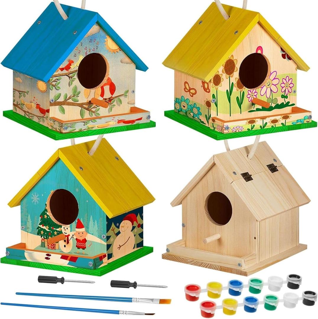 Liliful 24 Sets Wooden DIY Birdhouse Kit, Unfinished Bird Houses with Paints and Paintbrushes, Bird Feeder Craft Arts for Kids Ages 4-8, 8-12, Classroom Activity and Adults Wooden Craft Gifts