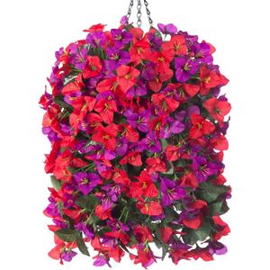 Artificial Bougainvillea Faux Flowers Plants Baskets for Outdoor Outside Decoration, 3PCS Fake Silk Flowers Long Trailing Vines UV Resistant Realistic for Front Door Porch Patio Balcony, PurpleRed