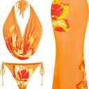 ZAFUL Women's 3 Piece Floral Swimsuit Draped Neck Halter Bikini Tie Side Bathing Suit with Sheer Cover Up Skirt (Orange, XL)
