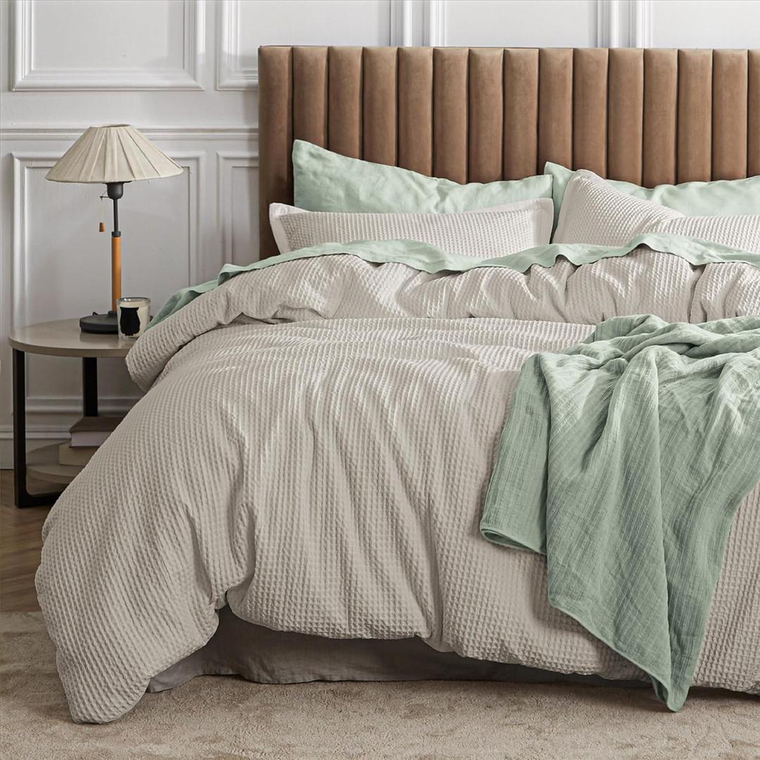 Bedsure Waffle Comforter Set King, Linen Soft Bedding, Waffle Weave Bed Set, 3 Pieces, 1 Comforter (104"x90") and 2 Pillow Shams, Cotton Shell and Polyester Lining for All Seasons