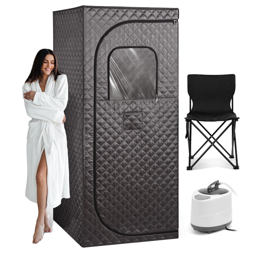Naipo Full Size Portable Steam Sauna Tent for Home Spa, Relaxation Kit with 3L 1000W Steamer, Remote Control and Foldable Chair, 2.6’ x 2.6’ x 6’