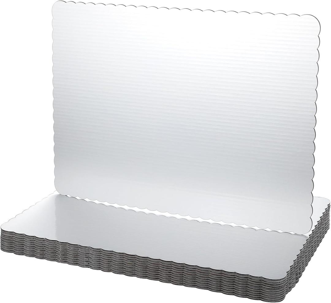 Skyygemm 12 Pack 19 x 14 Inch Greaseproof Rectangle Cake Boards Corrugated Single Wall Pad Half Sheet Board Rectangular Scalloped Rectangle Dessert Base for Cake Pizza