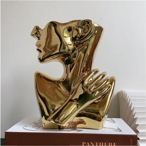 Ceramics Statue Flower Vase Face Pots Bust Head Shaped for Birthday Gifts Home Office Decoration (Gold)