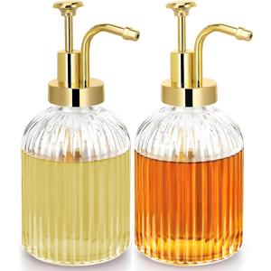 TIWPAJS Glass Coffee Syrup Dispenser 10oz, Syrup Bottles with Ribbed Design, Gold Syrup Pump, Coffee Bar Accessories, Honey Dispenser (2)