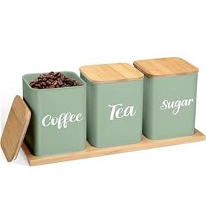 Tioncy Coffee Tea Sugar Container with Tray Set of 3 Airtight Metal Canister with Bamboo Lid Tray for Kitchen Counter Dining Room Farm House Kitchen Style Drink Station Organizer Set (Sage Green)