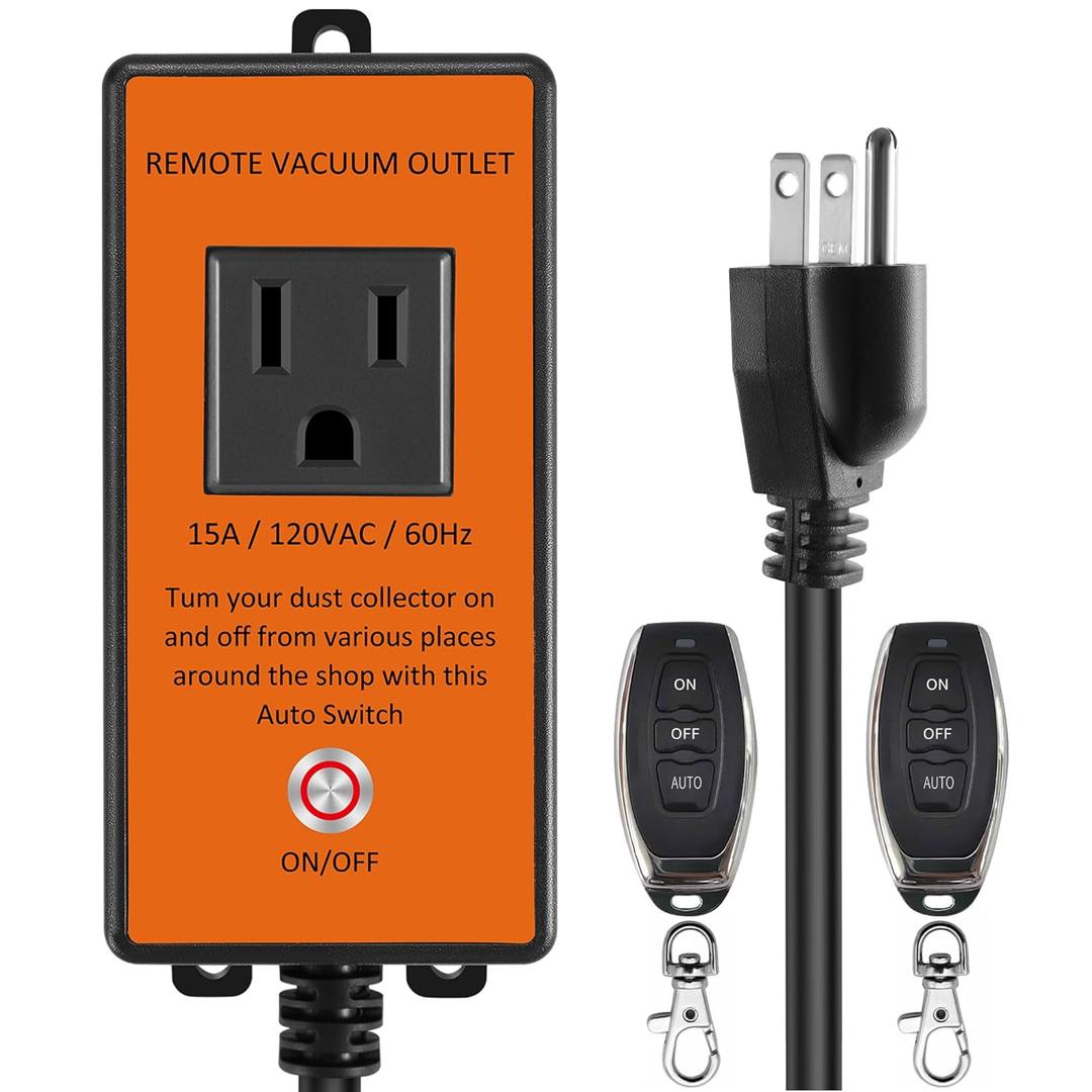 Automatic Remote Vacuum Outlet with 2 Remote Controls, 120V/15A, Dust Collector Remote Switch, Auto ON Off Switch for Dust Collector,5S Delay Shutdown