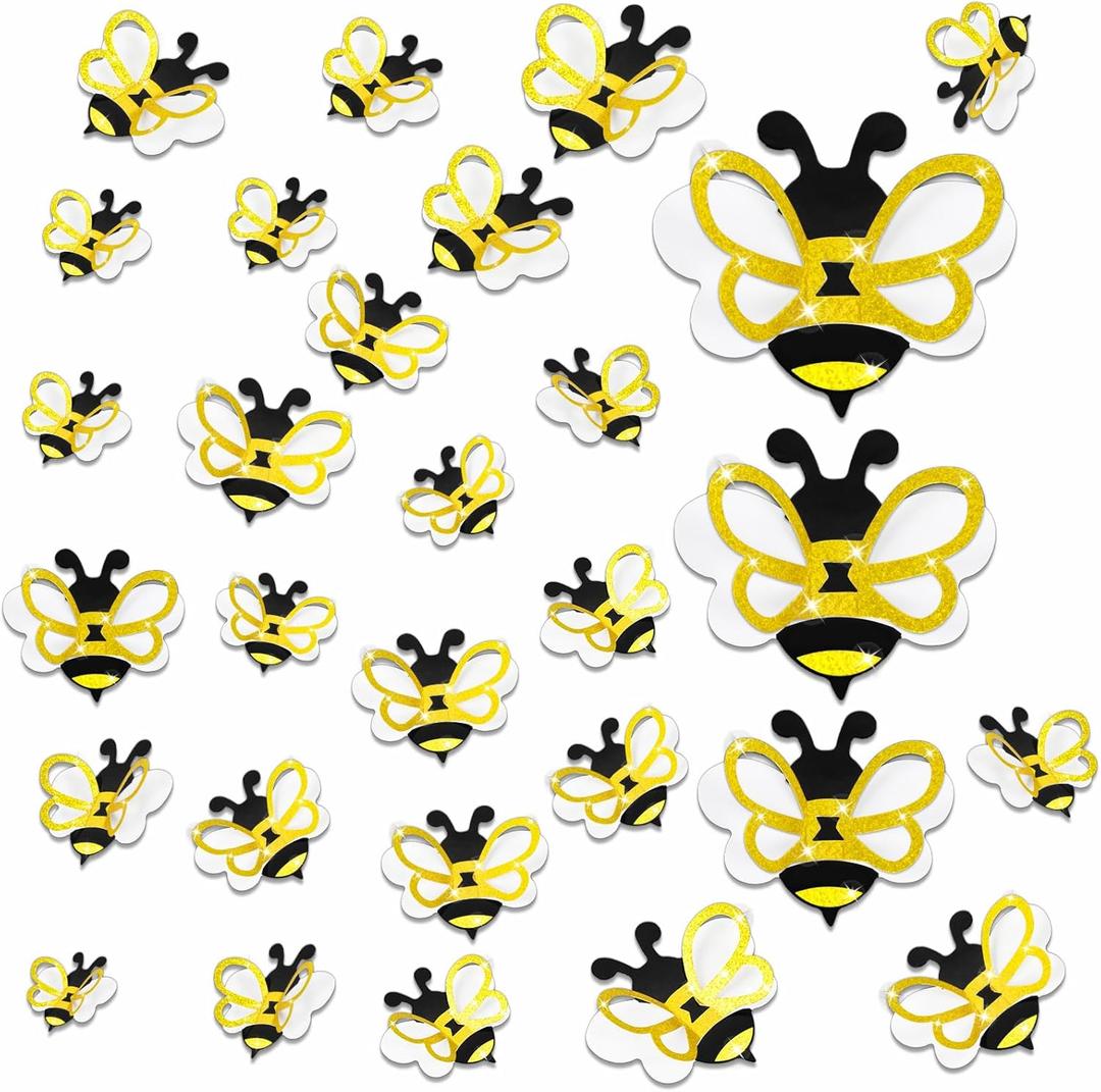 50 Pcs 3D Glitter Bee Decoration Spring 5Sizes Honey Bumble Wall Decals Large Bee Bulletin Board Cutouts with Shimmering Wings for Birthday Party Baby Shower Back to School Classroom Home Office Decor