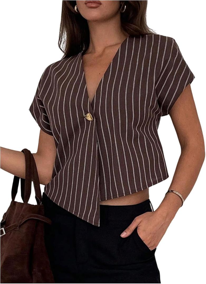 Floerns Women's Striped Button V Neck Shirt Dolman Sleeve Asymmetrical Hem Business Casual Tops (Brown, L)