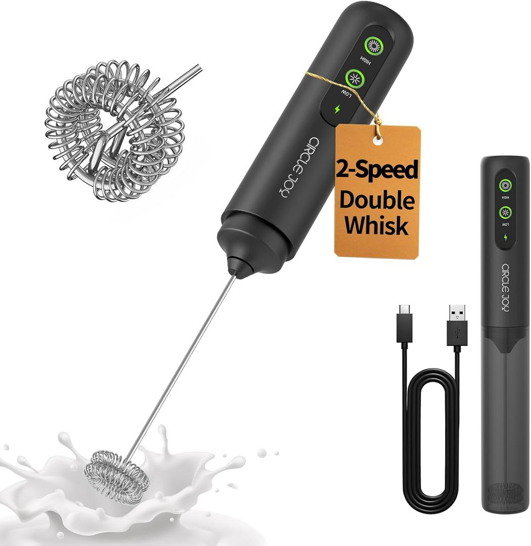 CIRCLE JOY 2-Speed Rechargeable Milk Frother Handheld, Dual Coil Whisk Head Electric Coffee Frother, Portable Hand Frother Wand Drink Mixer for Matcha Lattes Cappuccino, Kitchen Gifts (P-Storage Tube Black)