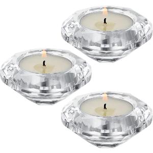 OwnMy Set of 3 Crystal Tea Light Holders Small Round Votive Candle Holders, Clear Crystal Diamond Shaped Tealight Candle Stands for Wedding Table Centerpieces Living Room Table Decors