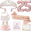 25th Birthday Decorations Gifts for Women, Including 25 year old Cake Topper, Birthday Queen Sash with Pearl Pin, Sweet Rhinestone Tiara Crown, Number Candles and Balloons Set, Rose Gold