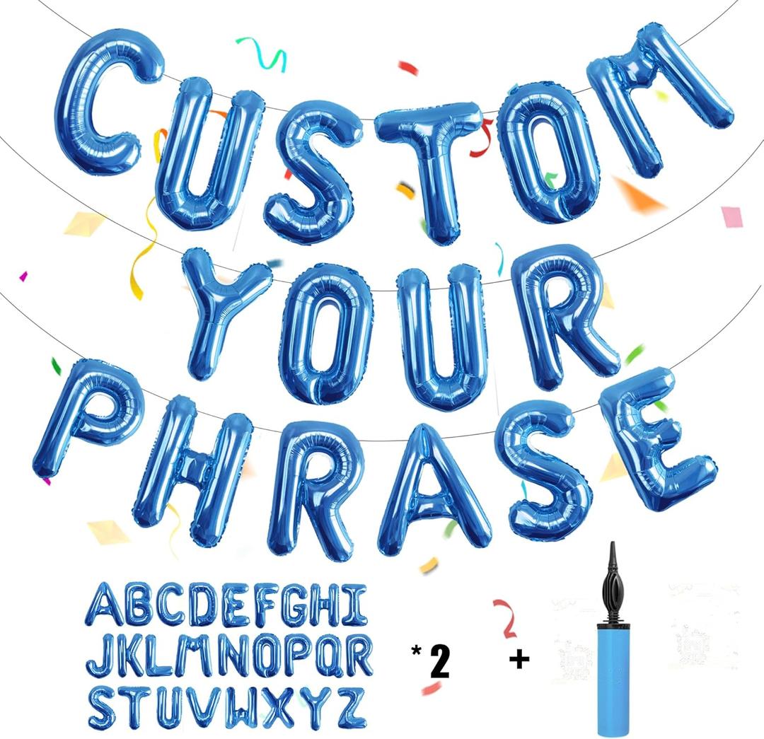 52 pcs Blue Foil Letter Balloons with Air Pump, 16 Inch 2 A-Z Sets - Mylar Alphabet Balloon Kit for Birthday Banner & Party Decorations