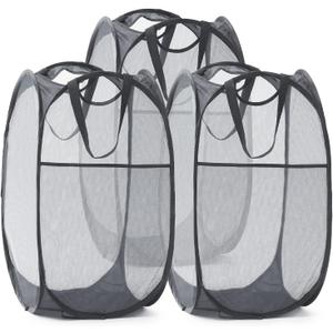 TECHMILLY Collapsible Mesh Pop Up Laundry Hamper with Sturdy Handles and Side Pocket - Portable Foldable Clothes Baskets for Dorm, Bathroom & Travel Storage (Grey, 3 Packs)