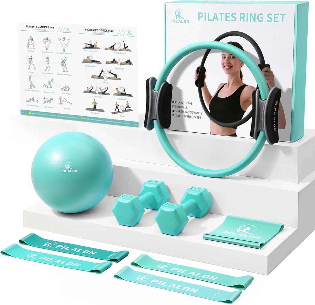 Pilates Ring Set - Studio-Grade Anti-Deformation Pilates Kit - Pilates Equipment for Home Workout - 14'' Pilates Ring, Pilates Ball, 2 Dumbbells, 5 Resistance Bands for Toning Arms, Thighs