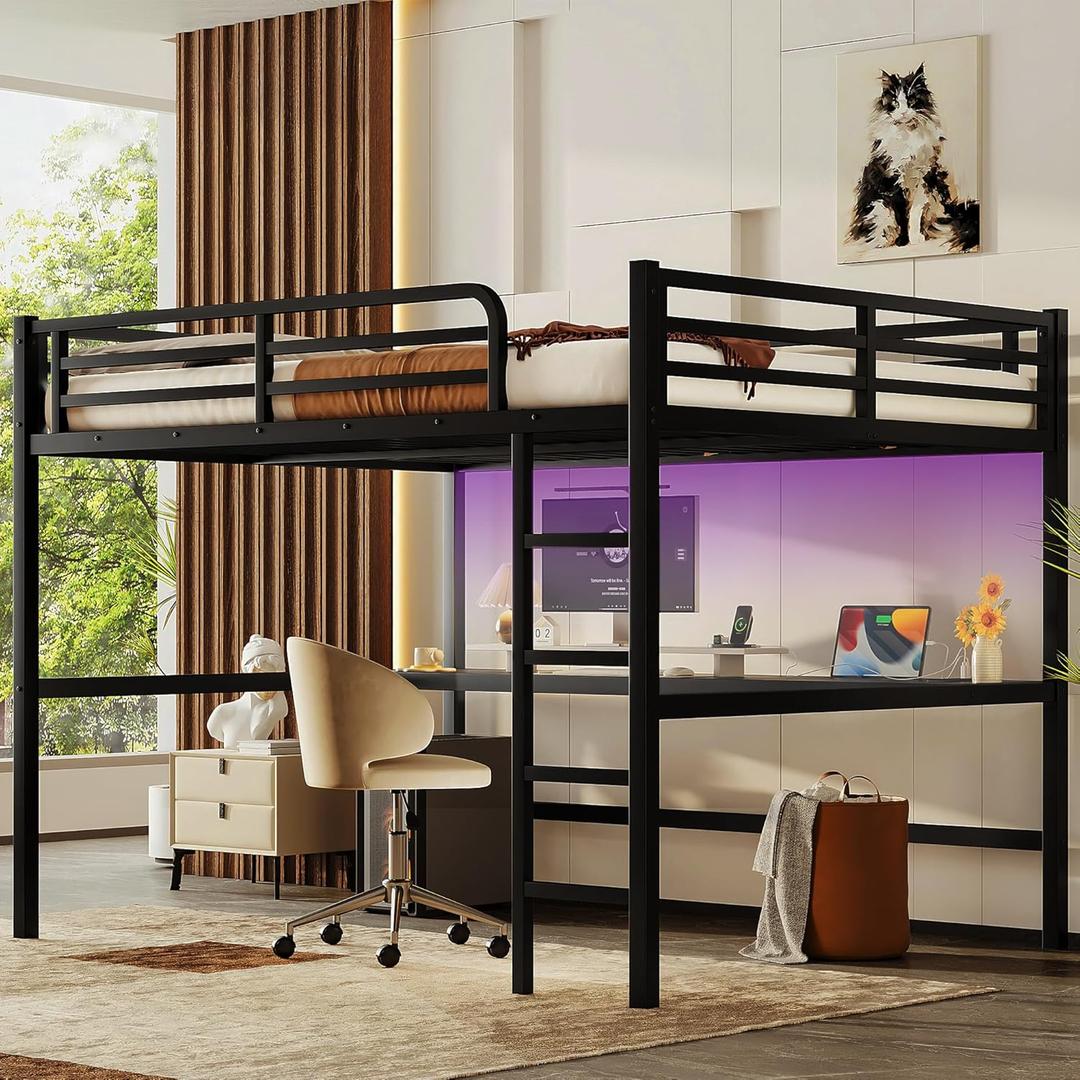 Bellemave Queen Loft Bed with Desk, Metal Queen Size Loft Bed Frame with Built-in Ladder, LED Loft Beds with Charging Station & Safety Guardrails for Kids,Teens, Adults, Black