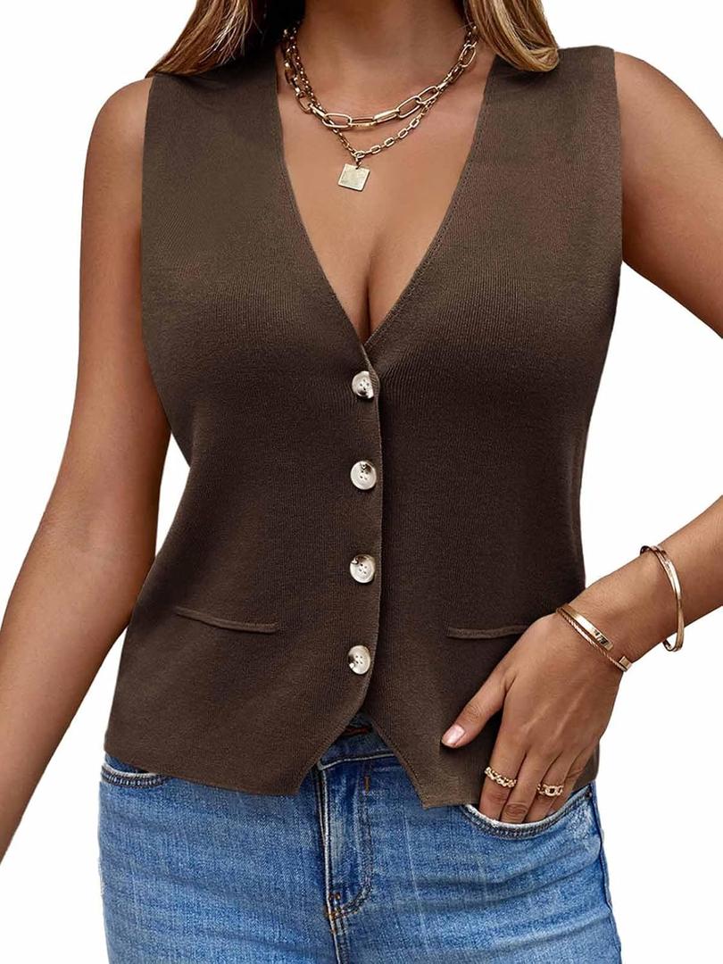 Saodimallsu Womens Sleeveless Sweater Vest Knit V Neck Button Fashion Casual Loose Spring Summer Waistcoat Cardigan XXL