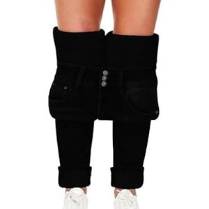 Skirt BL Fleece Lined Jeans Women Thermal Flannel Lined Jeans 3 Buttons Winter Warm Skinny Stretch Denim Pants (Black, US 12)