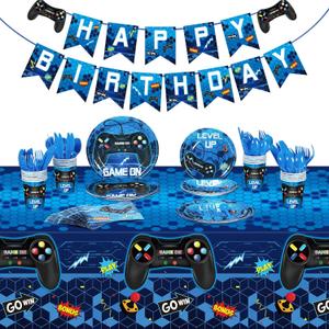 Tiamon 172 Pcs Video Game Party Decoration Set Game Happy Birthday Banner Gamer Supplies Plastic Tablecloth Paper Plates Tableware for Boy Girl Player Birthday Party Pack, Serving 24 Guests(Blue)