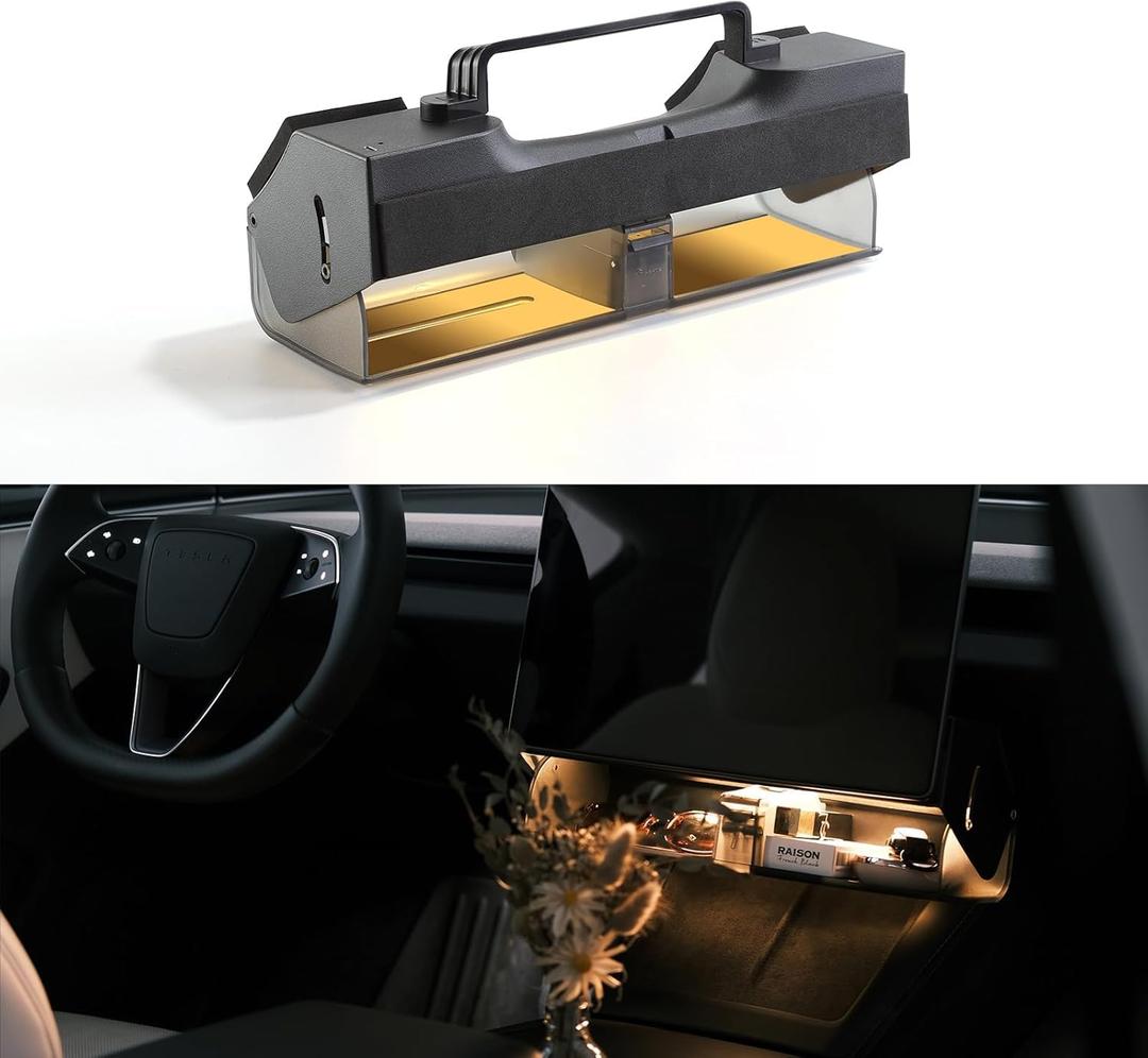 TPARTS Hidden Magnetic (Under Screen) Storage Box for Tesla Model 3 Highland 2024+/Model Y Juniper 2025+, Open-Close Design Console Organizer Dashboard Tissue Holder with Smart Warm White Light (Standard Plus with LED)