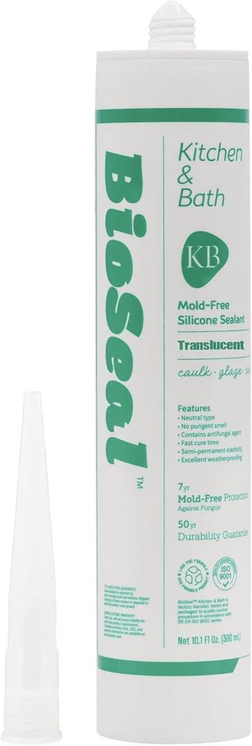 Translucent BioSeal 100% Silicone Sealant Caulk Kitchen and Bath Grade, Waterproof and No Odor No Color Change 10.1 Ounce Cartridge, Clear Translucent