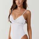 ESONALR Sexy One Piece Swimsuit for Women Adjustable Spaghetti Strap Cross Over Neckline High Leg Bathing Suits (White, XL)