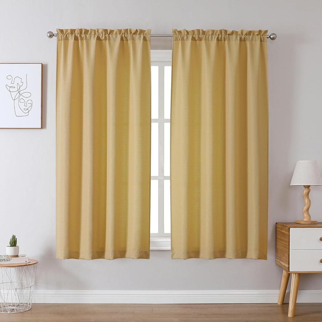 Chyhomenyc Gold Curtains 63 Inch Length 2 Panels, Faux Linen Textured Semi Sheer Light Filtering Soft Airy Rod Pocket Window Treatment Drapes for Living Room Bedroom, Each 40" Wx63 L