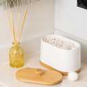 DAILY RITMO Large White Cotton Swab & Ball Holder Dispenser | Two Sided Dual Compartment Container with Air Tight Seal Bamboo Lid |Decorative Facial Sponge Gauze Floss Rounds Canister