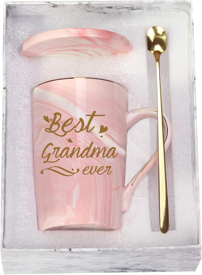 Best Grandma Ever Coffee Mug, Birthday / Mothers Day Gifts for Grandma from Granddaughter Grandson Grandchildren Grandkids 14 Ounce Gift Box with Spoon and Coaster Pink