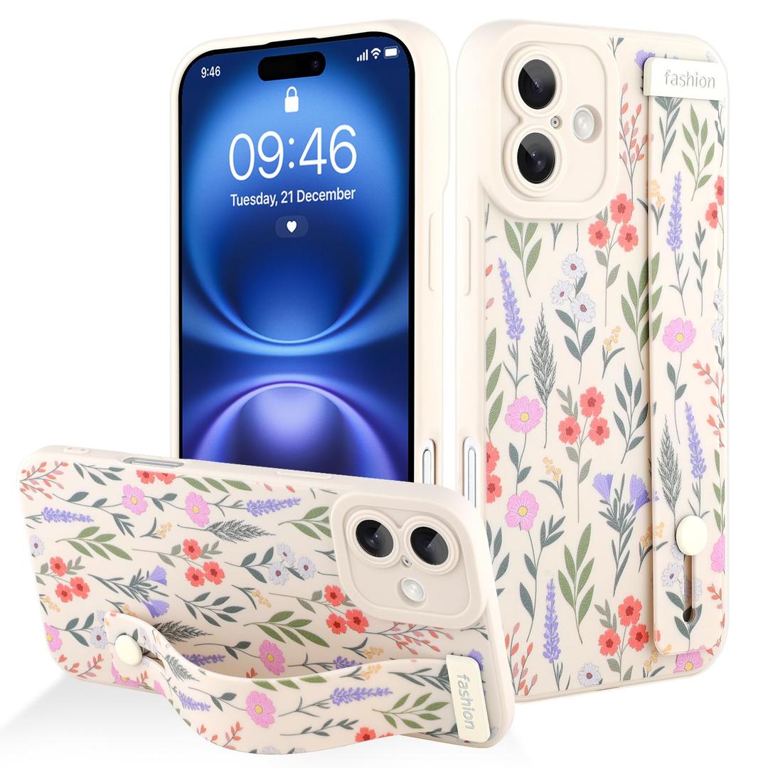 AIGOMARA for iPhone 16 Plus Case with Strap, Cute Flower Silicone, White