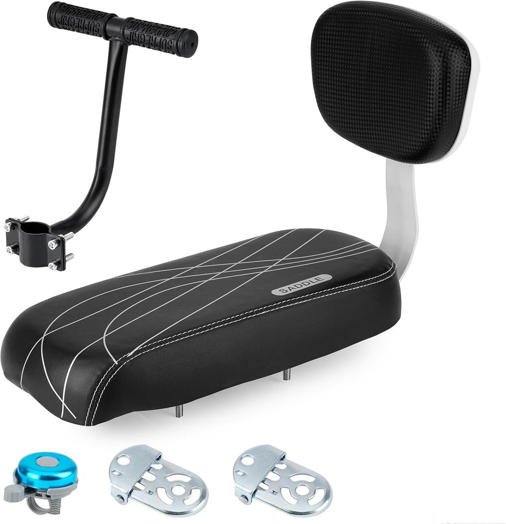 ZHOUWHJJ Bicycle Rear Seat Cushion Armrest Footrest Set, Kid Child Carrier Bicycle Baby Seat, Including Cushion and Backrest, Armrest Handrail, Footrests, Bell, Black, for Over 5 Years Old