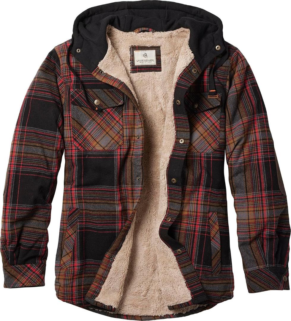 Legendary Whitetails Mens Hooded Shirt Jacket Plaid Flannel Berber Lined Polyfill Insulated Shacket M