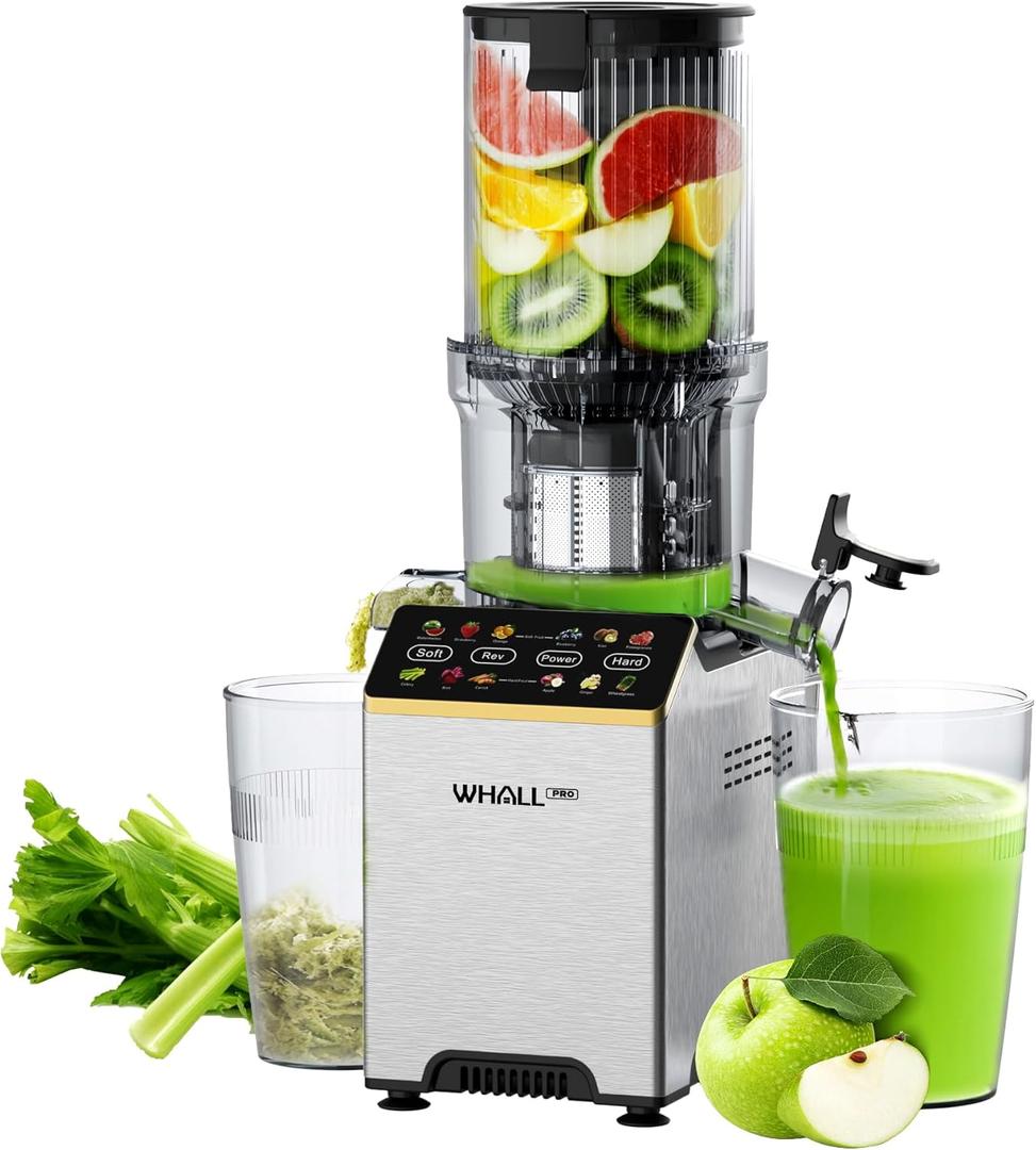 WHALLPRO Cold Press Juicer, Touchscreen Juicer Machines with 4.5'' Wide Feed Chute, Stainless Steel Masticating Juicers Easy to Clean, Ergonomic Operational Panel Design, High Juice Yield, Steel