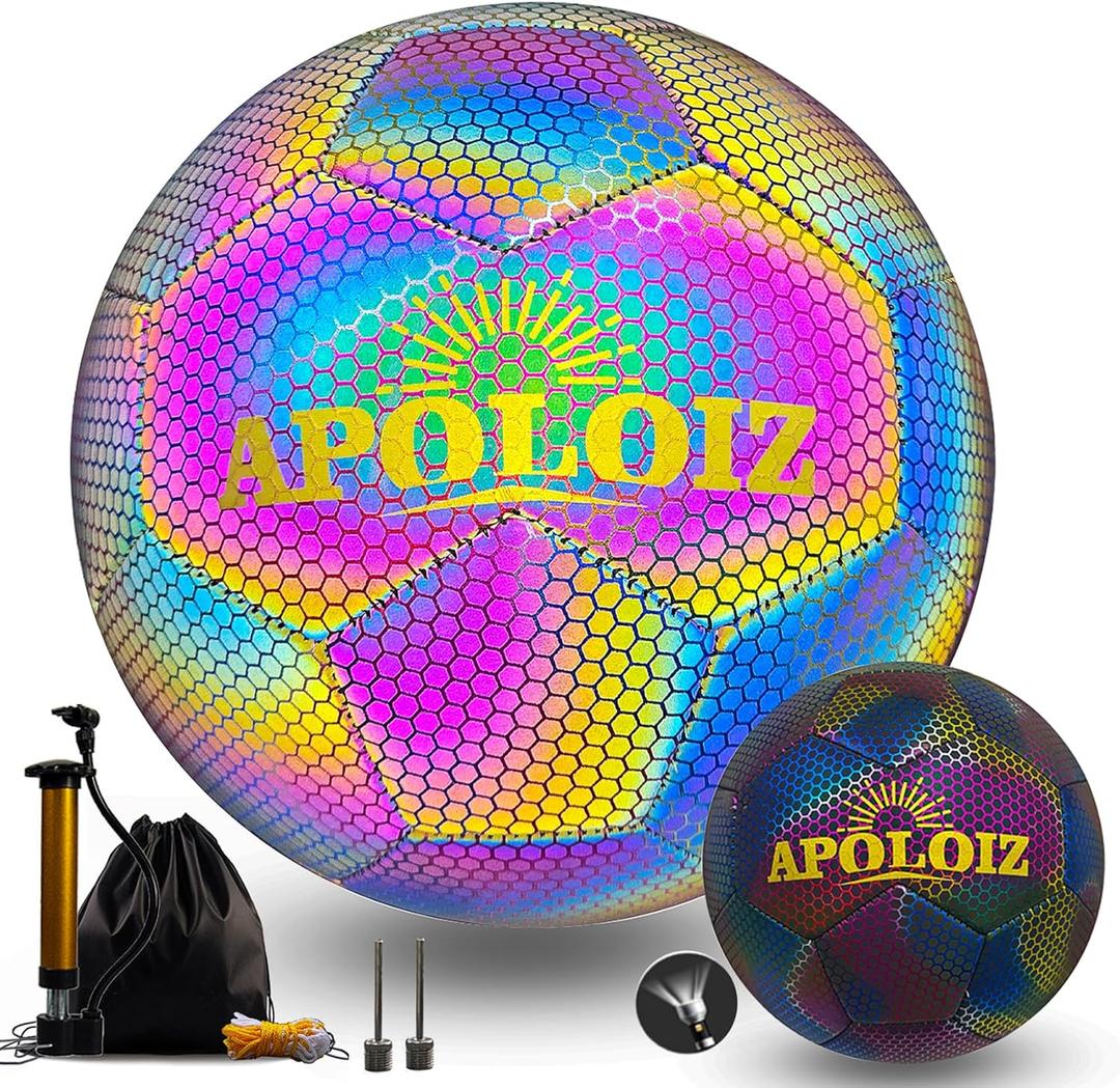 Holographic Reflective Soccer Ball Glow in The Dark,Light up Soccer Ball for Night Training (with Pump) (size 5, Chroma)