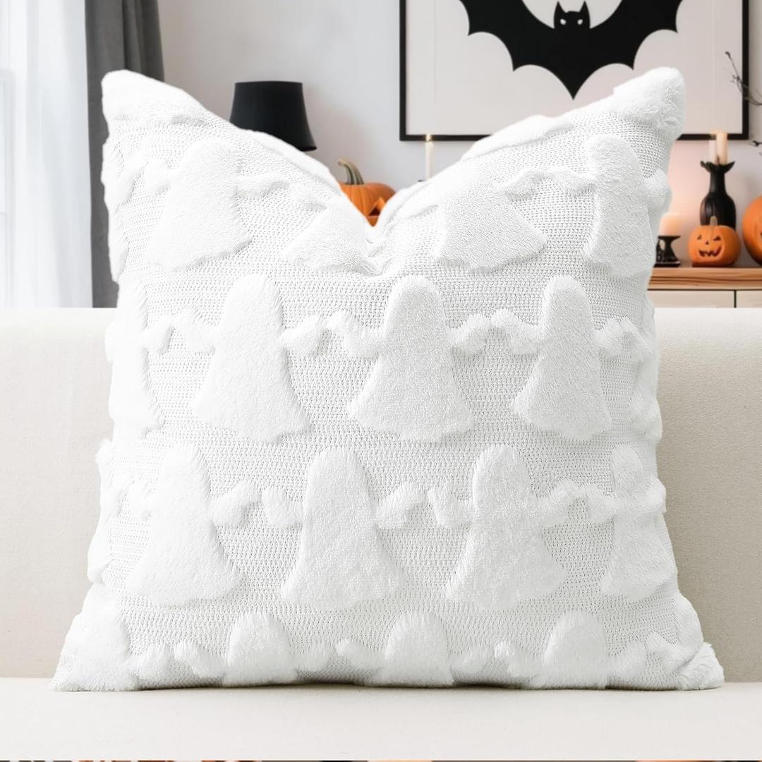 OTOSTAR Set of 2 Ghost Pillow Cover Halloween Throw Pillow Covers for Sofa Couch Bed Living Room Soft Plush Short Wool Velvet Farmhouse Pillowcase for Thanksgiving Pure White 20x20 Inch, White