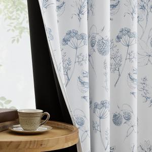 FMFUNCTEX 100% Blackout Floral Curtains 63 Inch Length for Bedroom, Blue and White Floral Drapes for Living Room, Farmhouse Rod Pocket Back Tab Room Darkening Thermal Insulated Window Drapes 2 Panels